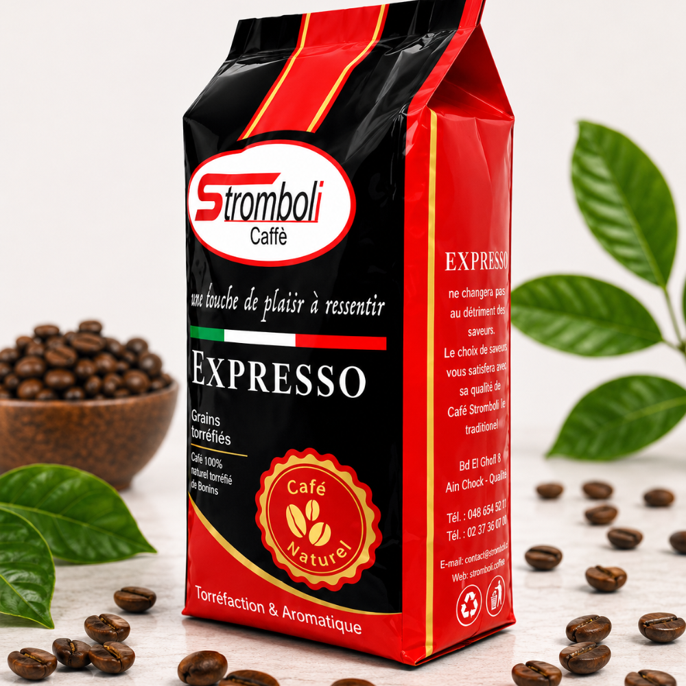 Expresso Rosso Stromboli Caffè – café en grain premium 125 DH/Kg