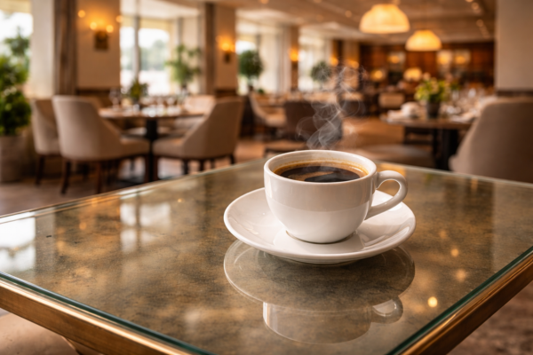 Tasse d'espresso fumant posée sur une table en verre dans une salle de restaurant gastronomique élégante